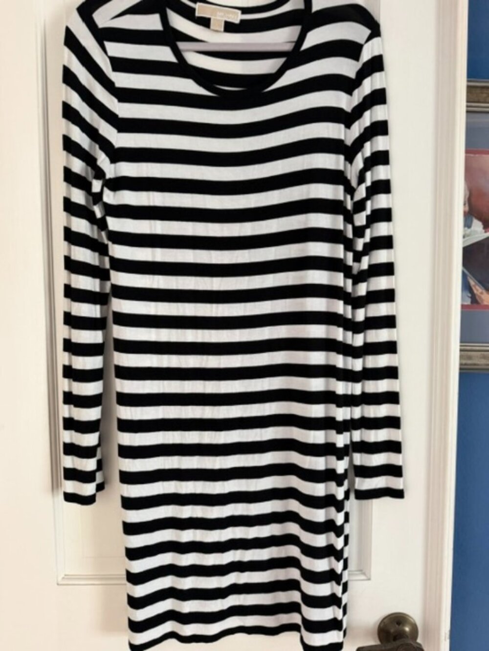 Michael Kors Black & White Breton-Striped Long Sleeved Jersey Dress - Size L